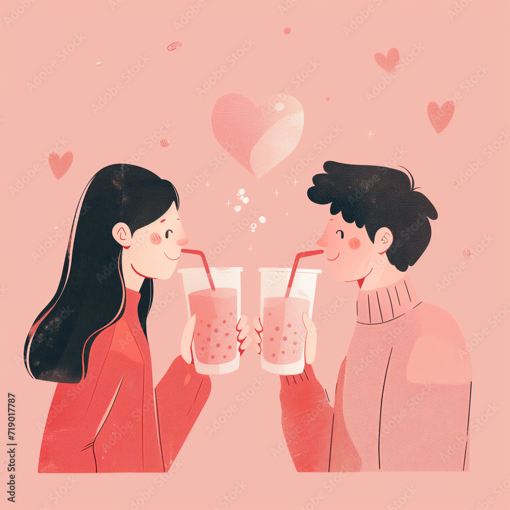Cute couple sharing a pink drink illustration, valentines day date concept Cute couple sharing a pink drink illustration, valentines day date concept
