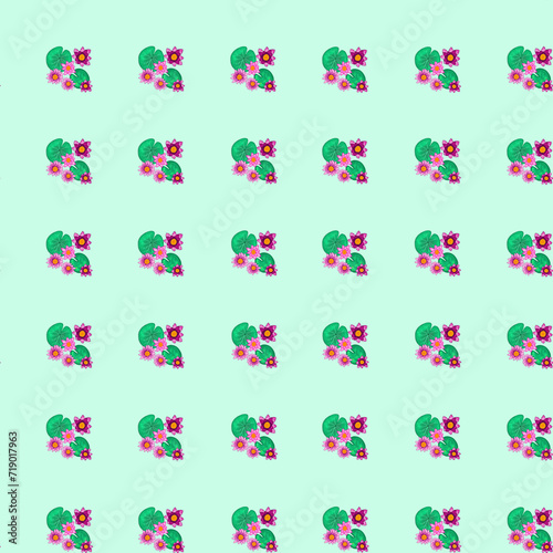 Floral Seamless Pattern with Pink Water Lilies on a Light Green Background