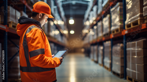Professional worker wearing safety vest and hard hat looking information the tablet. In the background big warehouse with shelves full of delivery goods. © missty
