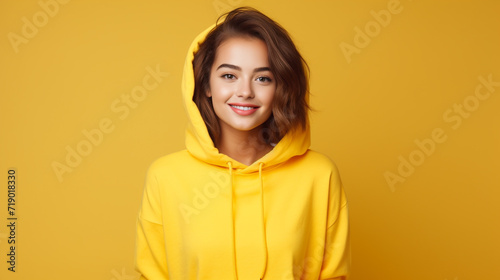 A young woman in yellow hoodie. Smile portrait. Studio photography. Yellow background © Octyabr