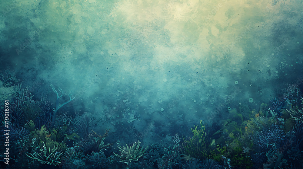Underwater coral reef gradient in oceanic blues, greens, and corals, accented by a grainy texture for a marine life awareness poster.