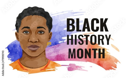Black History Month poster with a text title. African-American people's equality rights are celebrated. Watercolor style illustration.	
