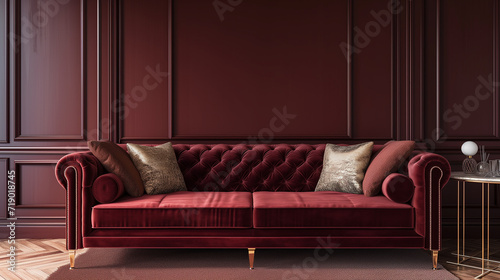 Plush burgundy velvet sofa with gold accent pillows against a backdrop of dark mahogany walls. Luxurious home interior design of modern living room