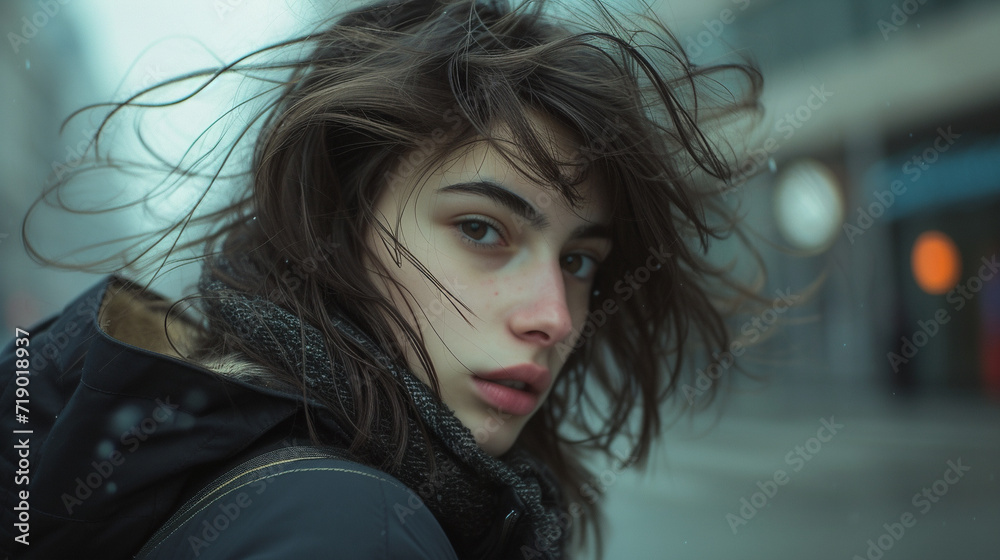 A young woman in warm clothes on the street of a cold city. Windy weather. Dramatic composition.