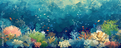 Underwater coral reef gradient in oceanic blues, greens, and corals, accented by a grainy texture for a marine life awareness poster.