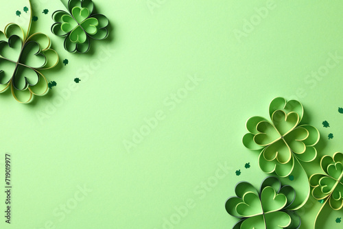 Flat lay composition for St Patricks Day with four-leaf paper art clover. Saint Patrick's Day background, banner design.