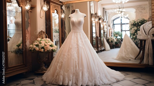 A beautiful wedding dress in a wedding salon