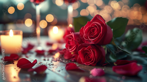 Romantic Valentine's Day celebration with bouquet of red rose and lit candle on a table. Elegant invitation or greeting card with copy space. Horizontal still life with bokeh effect. Symbol of love.