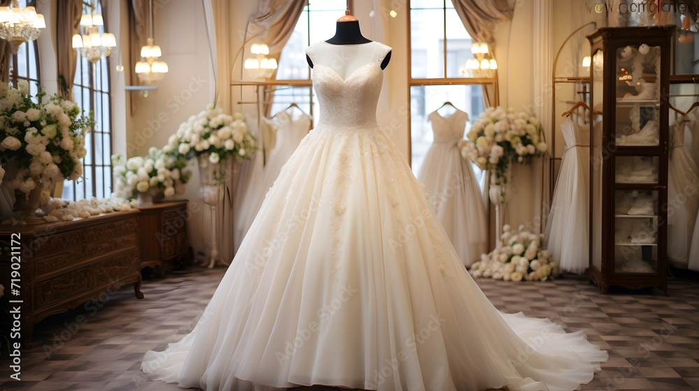 A beautiful wedding dress in a wedding salon A beautiful wedding dress in a wedding salon