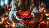 A woman holding a plate with a heart and a candle light for a Valentine’s day celebration. Love and romance concept with bokeh effect and copyspace. Horizontal still life