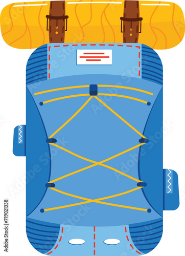 Blue and yellow inflatable paddle board with bungee cords for secure storage. Stand-up paddleboard for water sports and adventure.