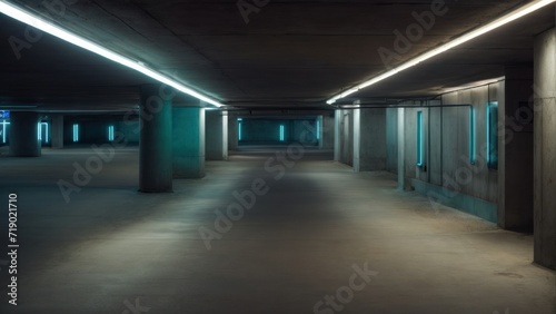 Empty concrete underground futuristic tunnel, neon light, garage. generative, AI.