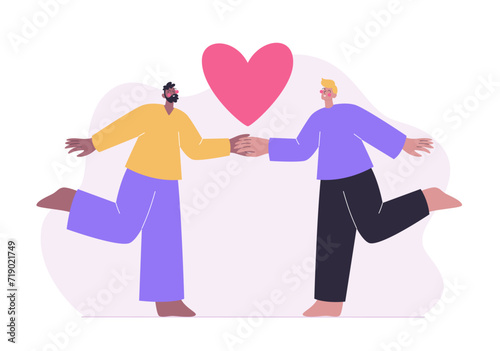 LGBTQ romantic couple. Happy gay couple in love holding hands. Valentine's day vector illustration