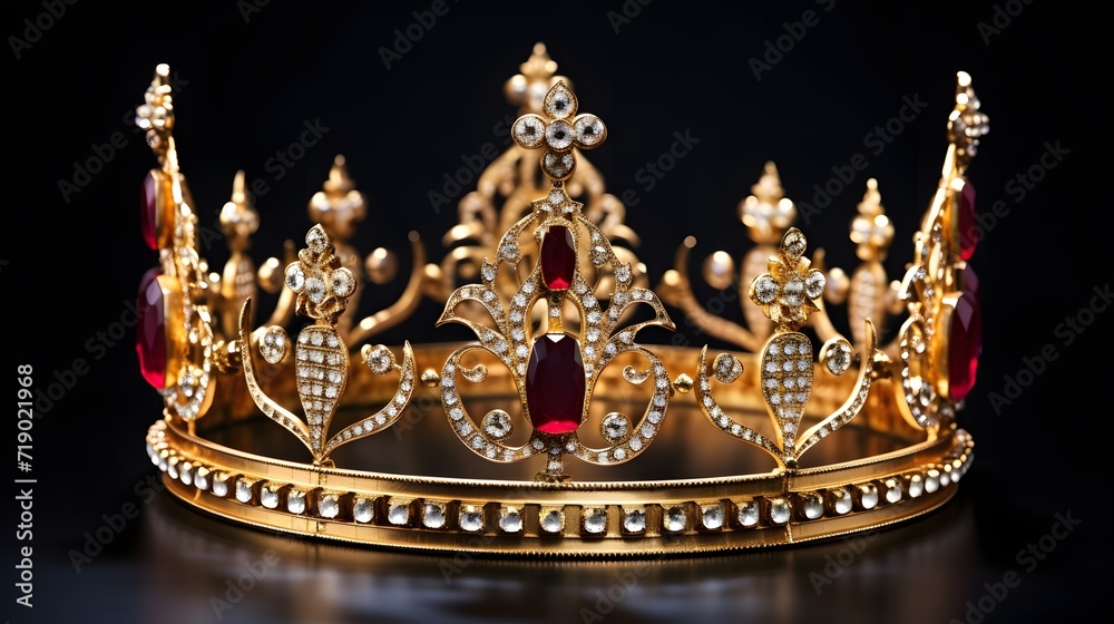 A king crown made of gold isolated on plain background. Decorated with precious stones. It is a symbol of the fame of a kingdom.