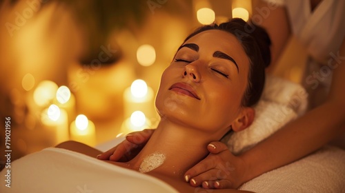 Caucasian female clients enjoy anti-stress spa massage and relax by relaxing, beautiful skin in warm candlelight at spa, beauty salon at luxury resort or hotel.
