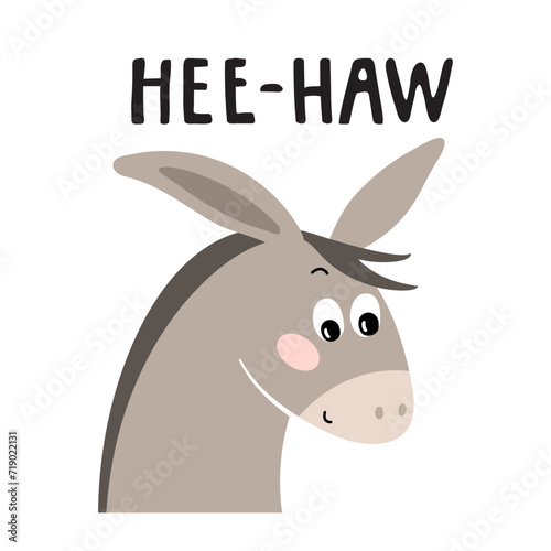 Seamless pattern and illustration for kid with donkey and text Hee-haw. Cute design background, baby clothes, room birthday decor, t-shirt print, wear fashion, invitation card