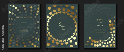 Luxury invitation card background vector. Golden elegant geometric shape, halftone gradient on gray background. Premium design illustration for gala card, grand opening, party invitation, wedding.
