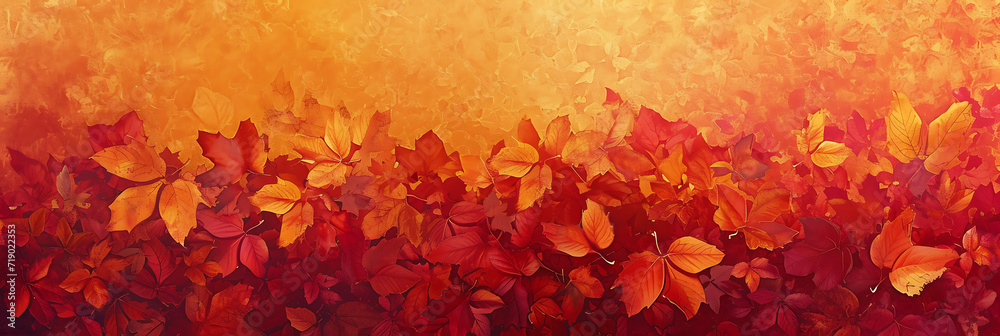 Vibrant autumn foliage gradient with warm reds, oranges, and yellows, featuring a grainy texture for a seasonal poster design.
