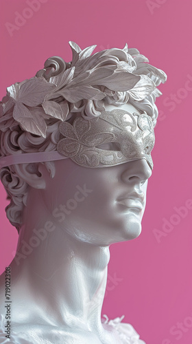 Roman white statue of a man with white mask on his face, on the pink background. Venice carnival minimal concept © VesnAI