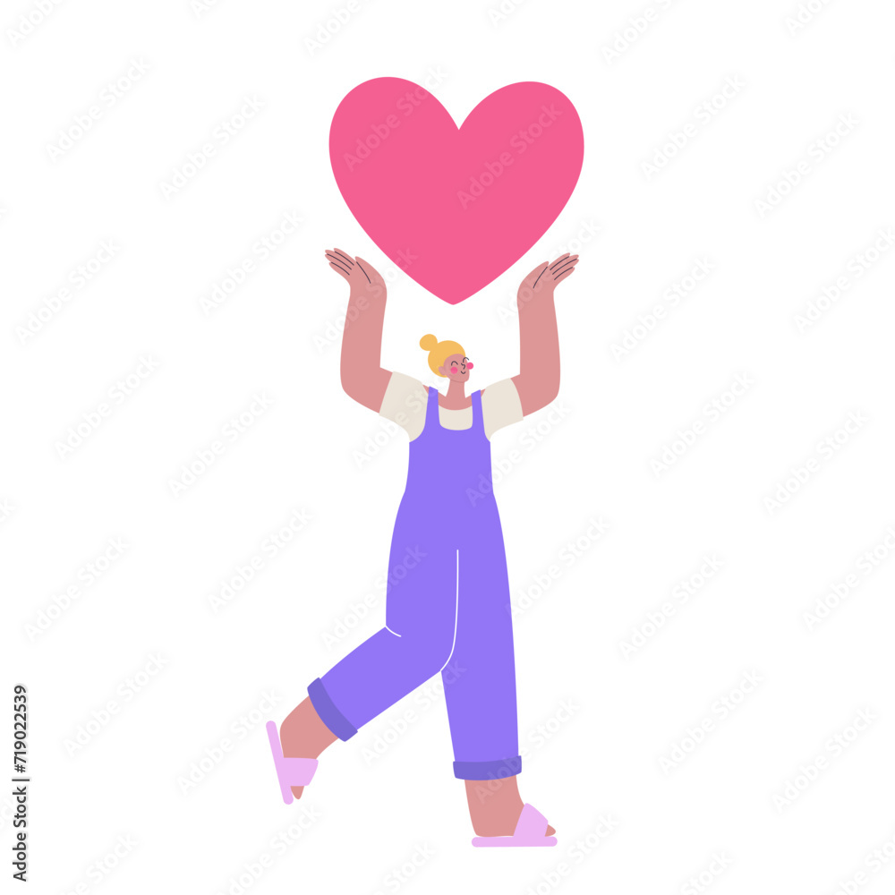 Happy woman with a heart above her head. St Valentine Day celebration illustration Happy woman with a heart above her head. St Valentine Day celebration illustration