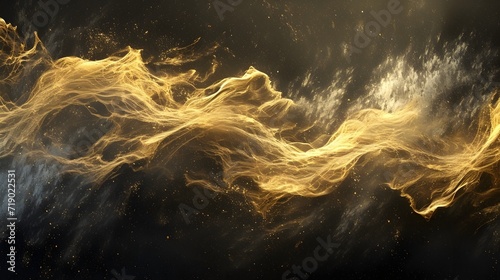 A digital rendering of golden waves on a dark canvas creates a sense of movement and fluidity. Rendered with computer graphics, © Baloch