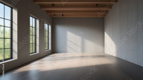 Empty copy space on a wooden tabletop against the cement loft wall with shadow and daylight indoors. generative, AI.