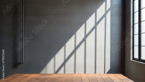 Empty copy space on a wooden tabletop against the cement loft wall with shadow and daylight indoors.  generative  AI.