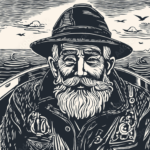 Portrait of an old fisherman in a boat. Linocut style