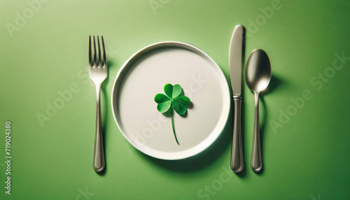 Table setting white plate, with cutlery on a green background for St. Patrick's Day. photo