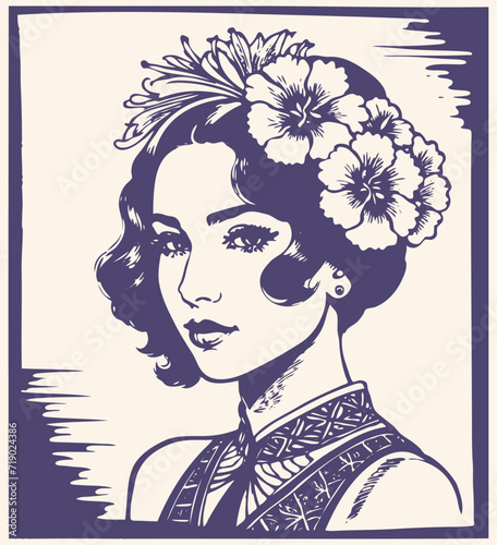 Young brunette woman with a flower crown on her head in Hawaiian style. Linocut style