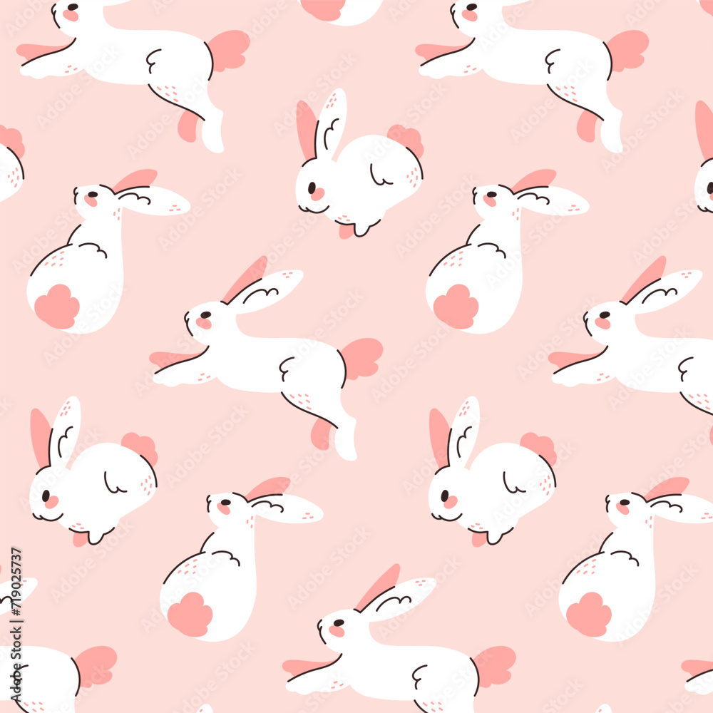 Obraz premium Easter vector seamless background pattern with cute bunnies in pastel colors. Pink background for wrapping paper, wallpaper, clothing. Tender children's illustration.