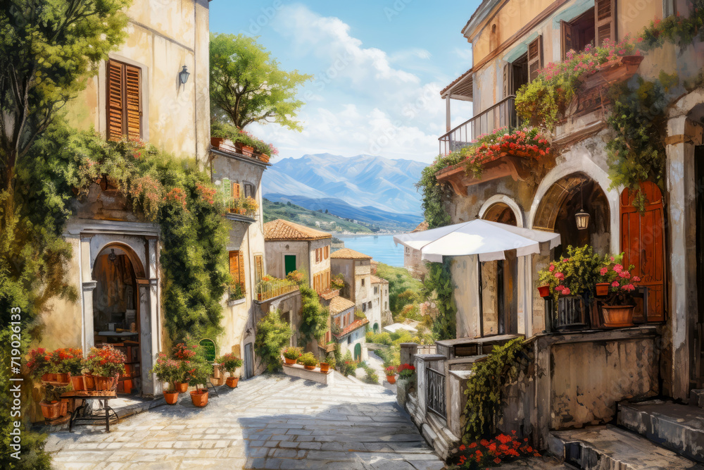 A picturesque Mediterranean village scene with quaint cobblestone pathways leading past old houses 