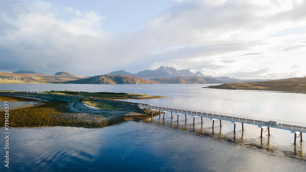 Kyle of Tongue Causeway taken from a drone with Beinn Stumanadh mountain in the background