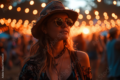 Sunset Serenity: Woman Adorned in Vibrant Hues at Festival Concert