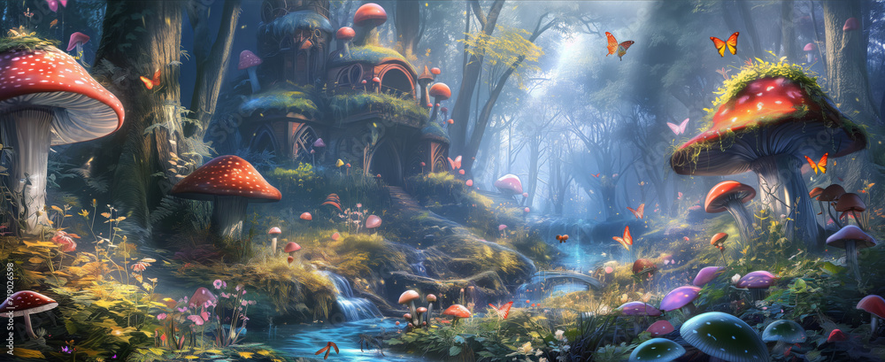 Obraz premium Surrealistic fantasy scenery with mushrooms and butterflies