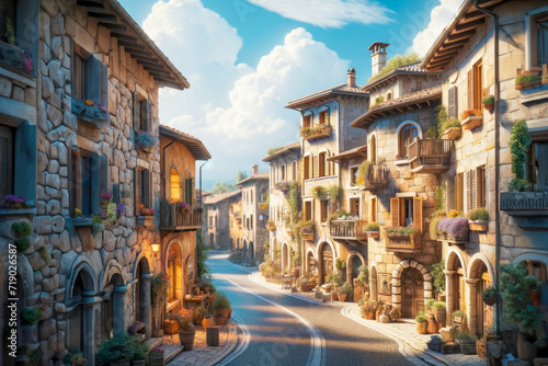 An inviting Italian street in the golden hour, stone-built homes with balconies overflowing with flowers, road