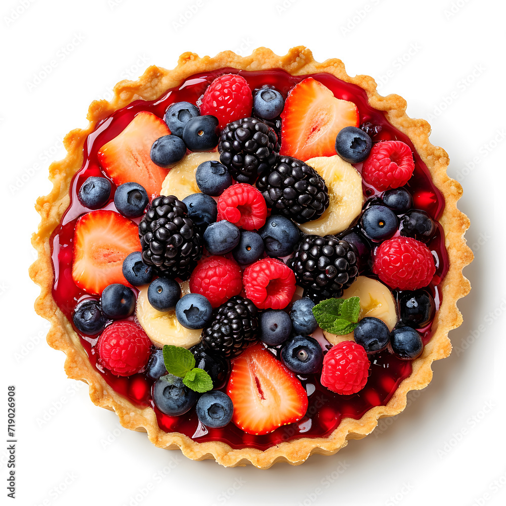 Obraz premium Homemade Seasonal Summer Fruit Tart top view isolated on white