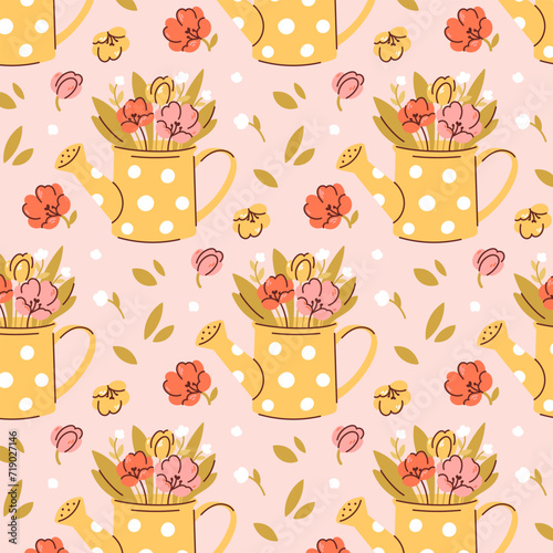 Spring Seamless pattern. Garden watering cans with delicate flowers. Colored doodles for Easter. Childish print for nursery. For posters, cards, clothes. Vector illustration in pastel colors