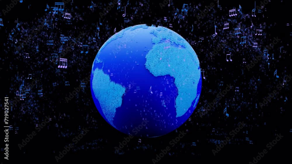 4K Music notes exploding from earth turn around with alpha channel