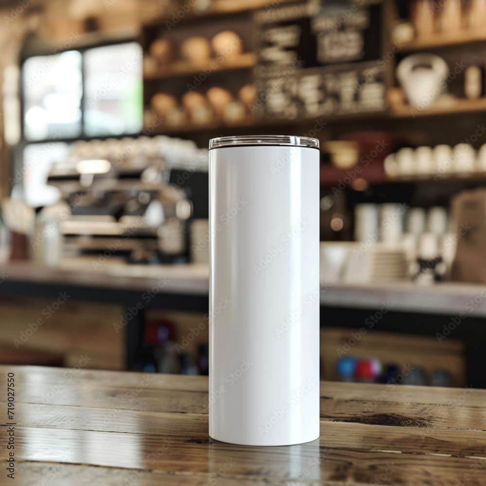 Mockup of a 20oz Straight Skinny Tumbler includes a lid on a table, with a blurred or bokeh background of a Coffee Shop Mockup of a 20oz Straight Skinny Tumbler includes a lid on a table, with a blurred or bokeh background of a Coffee Shop