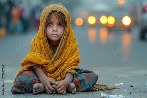 A child beggar is sitting on a busy street passing by.