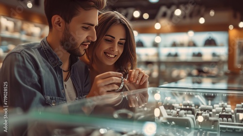 Woman and her boyfriend choose engagement rings at a jewelry store