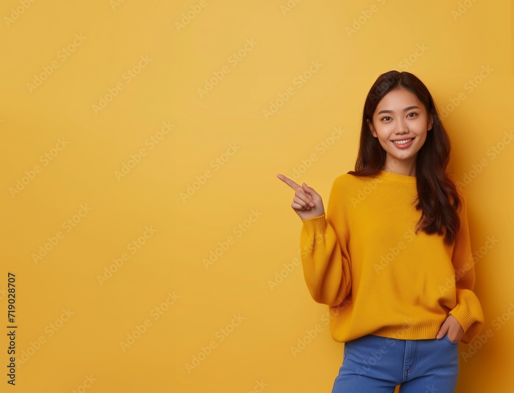 Asian woman presents, pointing with copy space yellow background, portrait beauty, confidence, and elegance of a young and attractive Asian model. Asian woman presents, pointing with copy space yellow background, portrait beauty, confidence, and elegance of a young and attractive Asian model.