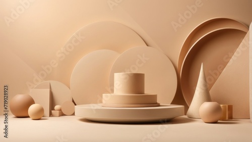 Minimal abstract background for branding and product presentation. Beige subtle geometric on beige background. 3d rendering illustration. Clipping path of each element included.  generative, AI.