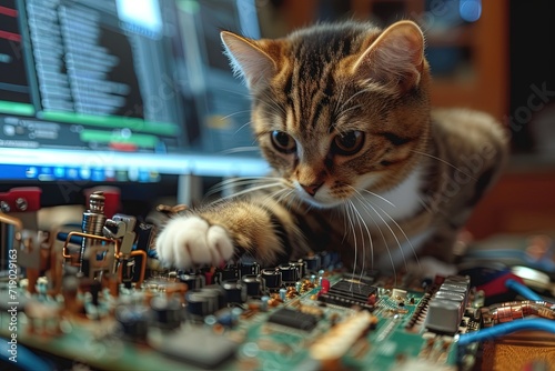 Cat Tech Guru: Imagine a cat surrounded by gadgets and a computer, troubleshooting technical issues with a paw on a mouse