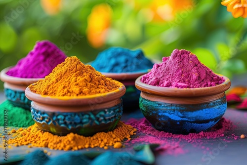 Holi feast colors. Celebrate the vibrant festival of Holi. Happy Holi is a traditional Hindu festival that marks the arrival of spring and is celebrated with a splash of colors, music, dance.