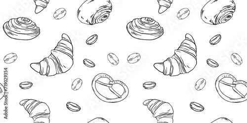 Bakery hadpainted illustrations set banner black and white doodle coffee, buns, beans, croissant