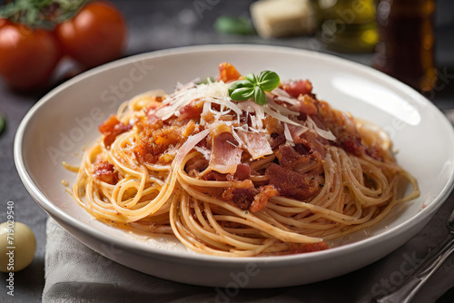 Indulge in the rich flavors of Spaghetti alla Amatriciana  featuring savory pancetta bacon  ripe tomatoes  and the perfect touch of pecorino cheese. A taste of  culinary perfection.