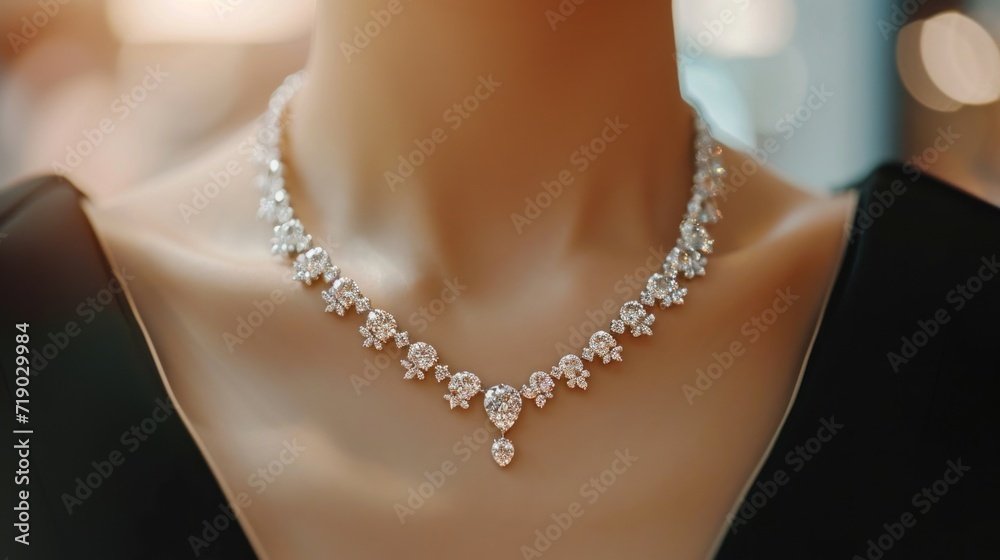 Diamond necklace on woman's neck at jewelry store
