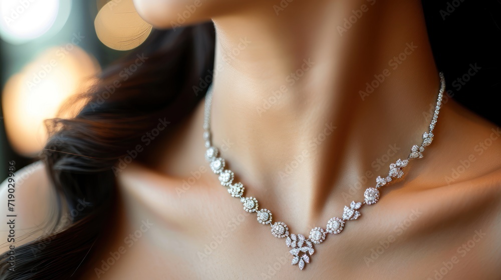 Diamond necklace on woman's neck at jewelry store